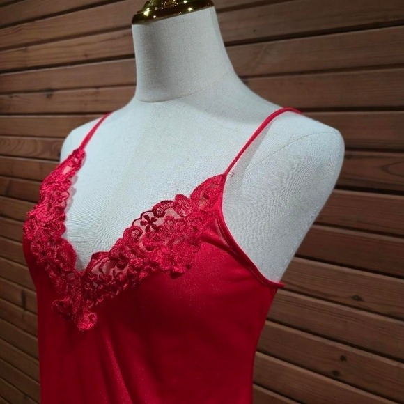 Vintage Red Satin Lace Nightgown Sheer Mesh Back Slip Dress Glam Maximalist - Picture 2 of 7